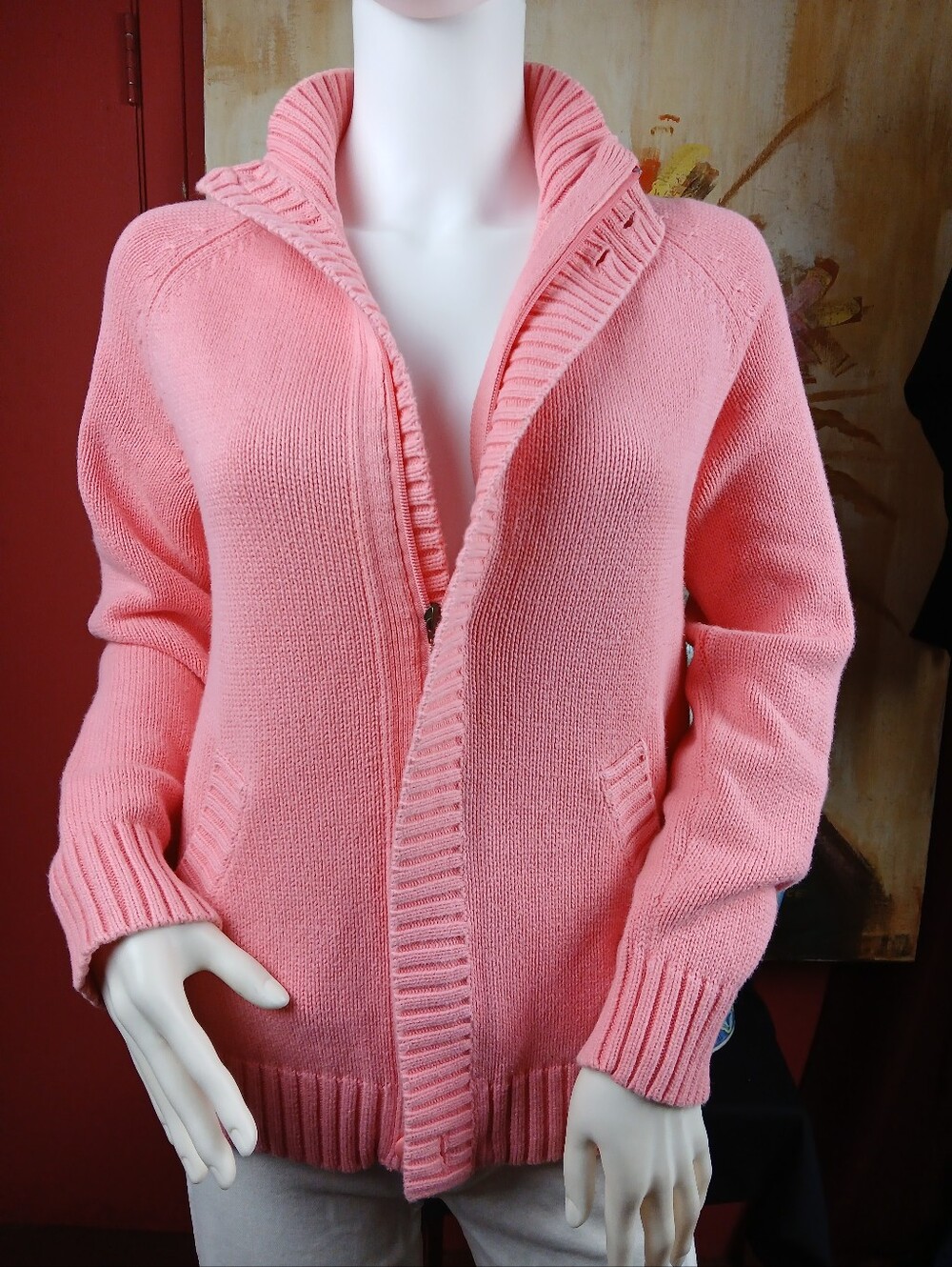 Croft & Barrow Peach Coral Ribbed Mock Neck Cardigan Sweater Size S